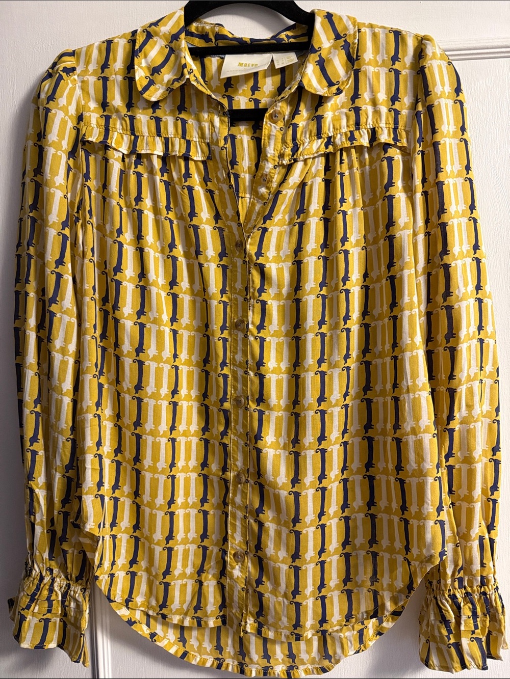 Maeve Yellow Navy Geometric Button-Up Blouse